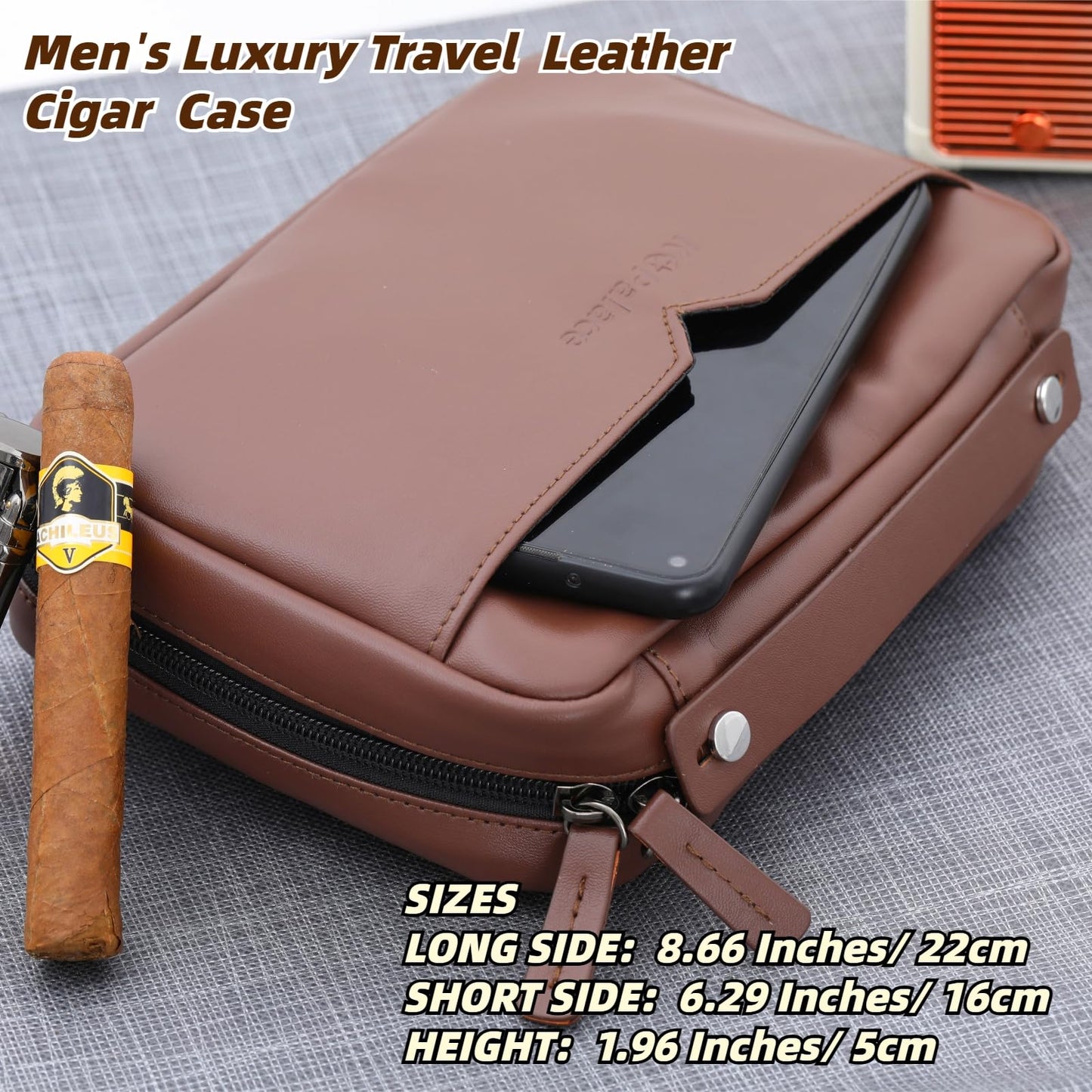 King's palace Portable Cigar Humidor & Leather Travel Cigar Case, with 5-Cigar Holder, 3 Accessory Pockets, 3 Credit Card Slots | Cigar Accessories Gift Set for Men