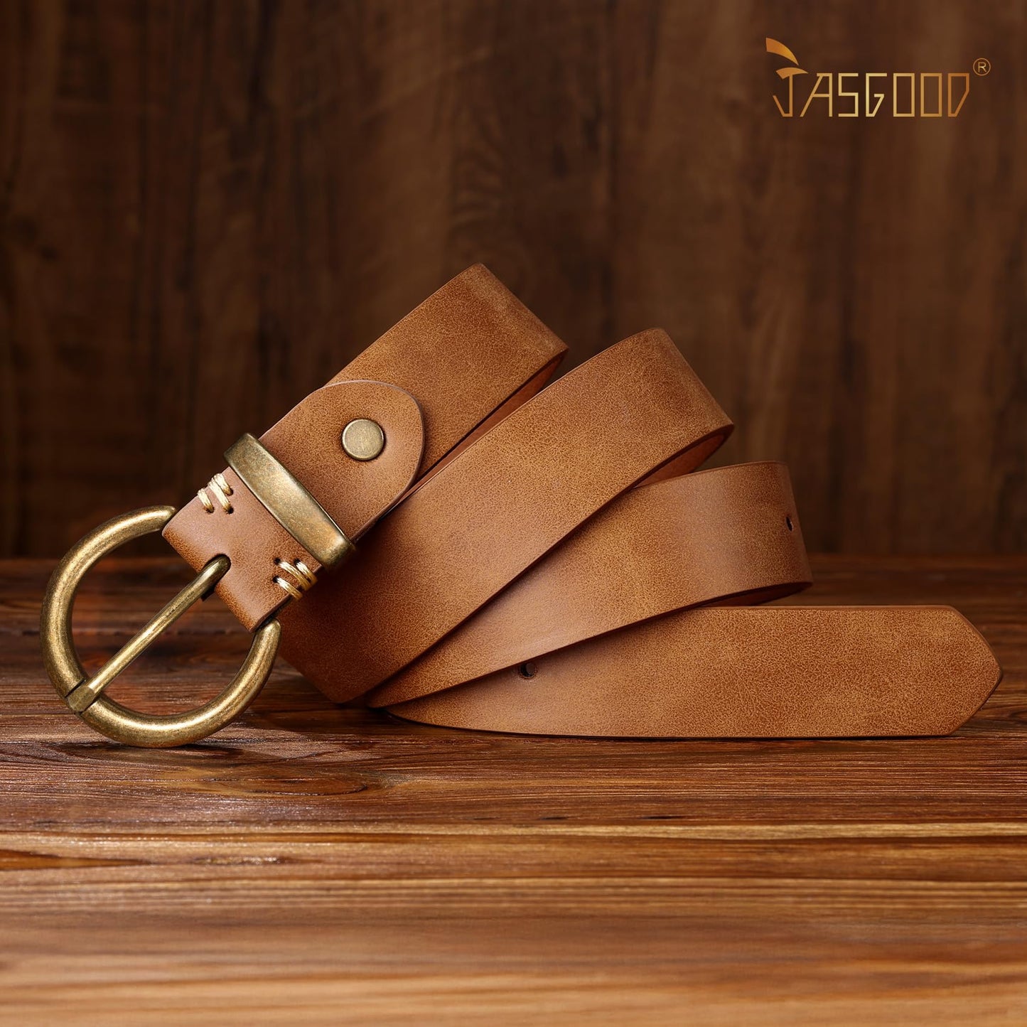 JASGOOD Women Leather Belt for Jeans Pants Vintage PU Leather Belt Solid Brass Circle Buckle for Ladies,Brown