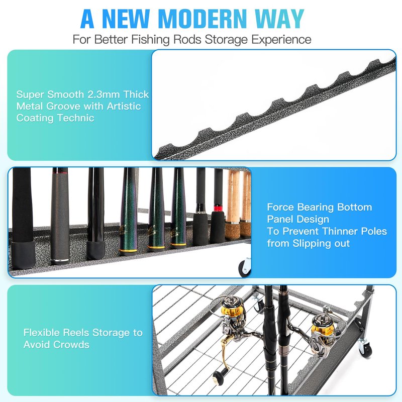 PeBro Fishing Pole Holders, Fishing Rod Holders for Garage, Fishing Rod Holder for Fishing Rod Tackle Box Reel Storage, All-In-One Fishing Rod Rack with Hooks and Wheels