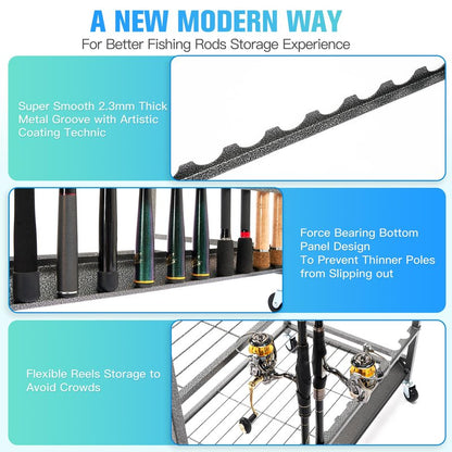 PeBro Fishing Pole Holders, Fishing Rod Holders for Garage, Fishing Rod Holder for Fishing Rod Tackle Box Reel Storage, All-In-One Fishing Rod Rack with Hooks and Wheels