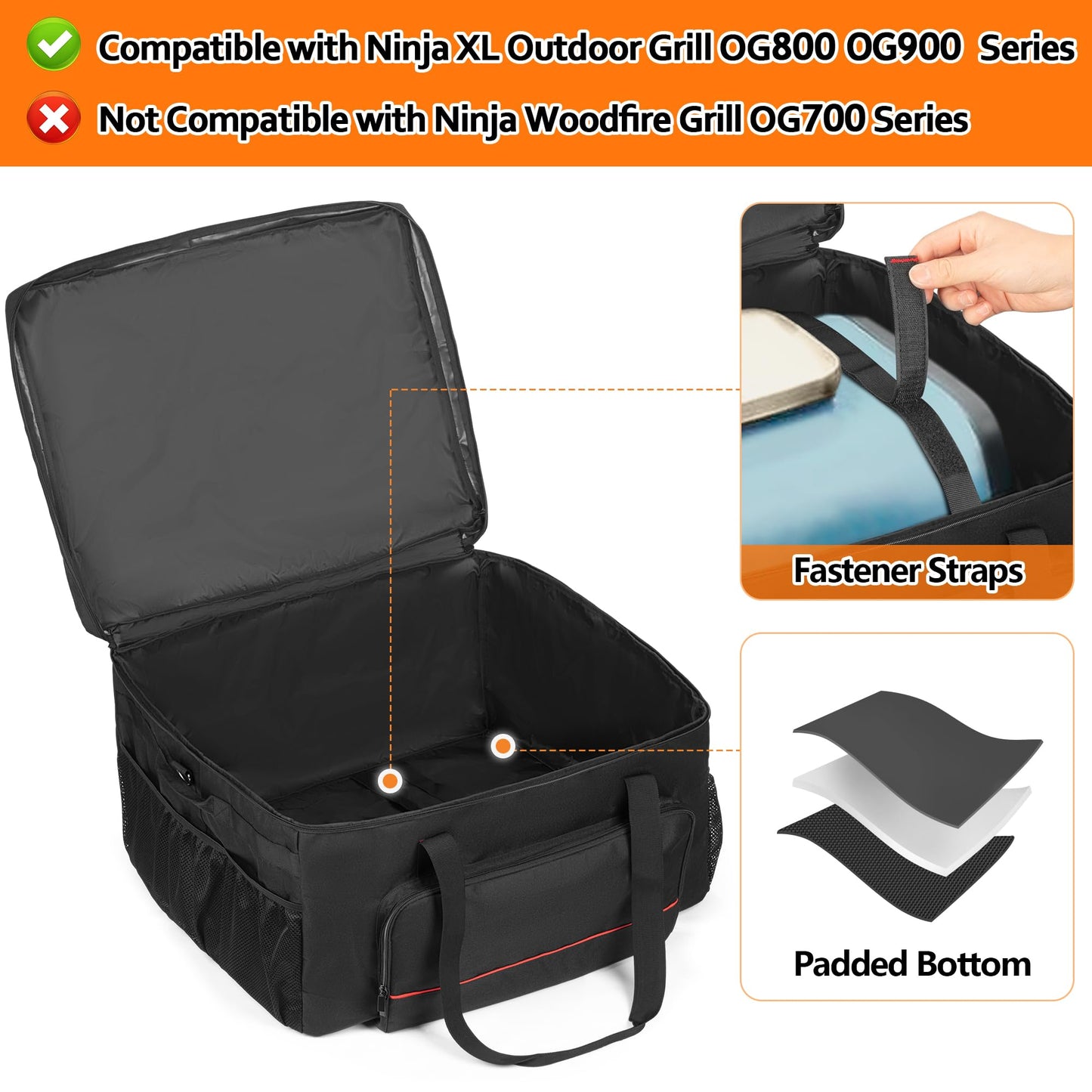 HODRANT Grill Carry Bag Compatible with Ninja OG951 OG850 Woodfire Pro XL Outdoor Grill & Smoker, Grill Cover with Multi Pockets for Grill Accessories Storage, Bag Only