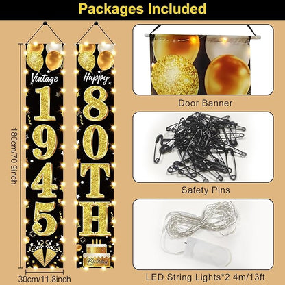 80th Birthday Party Banner Lighted Decorations for Men Women - Black Gold Vintage 1945 80th Birthday Door Banners with LED Light, Eighty Years Bday Party Supplies for Indoor Outdoor Decor