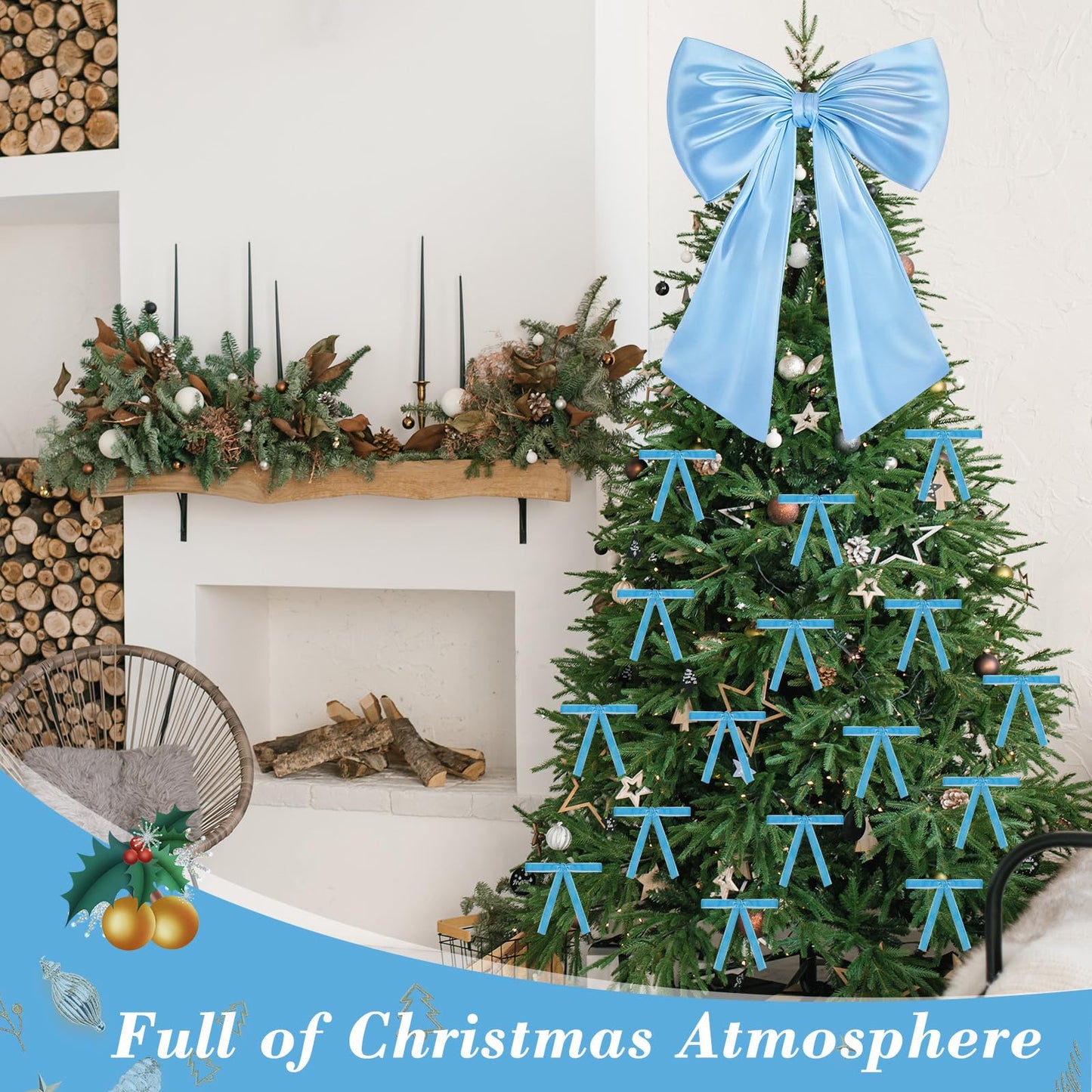 17x23 Inch Large Blue Bow for Christmas Tree Topper Christmas Tree Decoration Set: 24 Small Velvet Bows, 1 Pcs Big Tree Topper Bow, 3000 Strands of Tinsel Icicles for Holiday Decor (Blue)