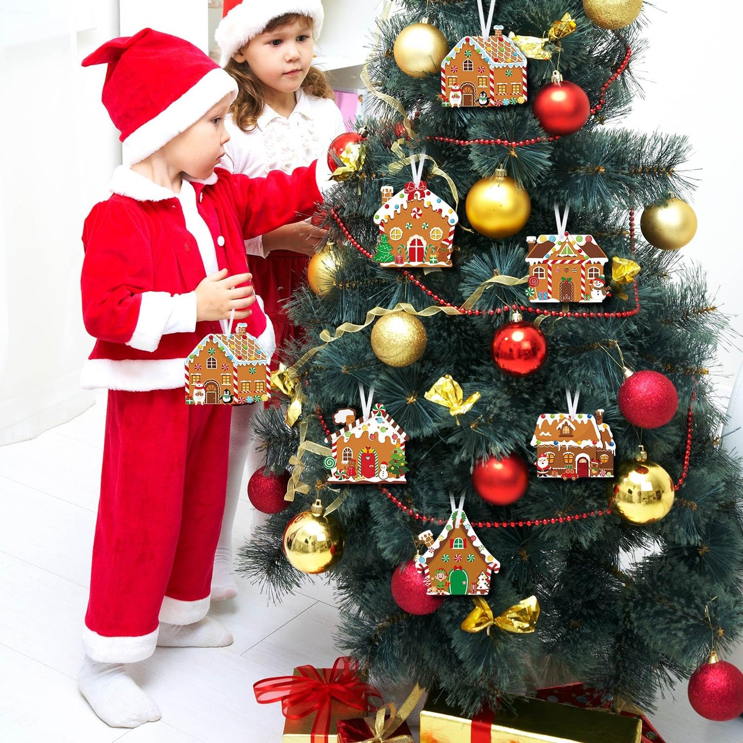 Pasimy Christmas Crafts Kits for Kids Xmas Gingerbread House Crafts DIY Christmas Tree Ornament Kit Make Your Own Gingerbread House Craft Stickers for Holiday Xmas Classroom Party Favors(48pcs)