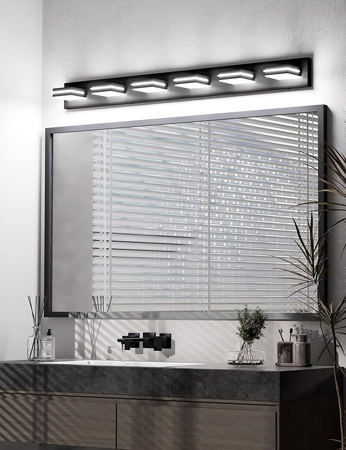 VOLISUN Modern Bathroom Vanity Light Fixtures (6-Light, 48-Inch), Matte Black LED Bathroom Lighting Fixtures Over Mirror, 360°Rotatable Head, LED Vanity Lights for Bathrooms (Cool White 6000K)