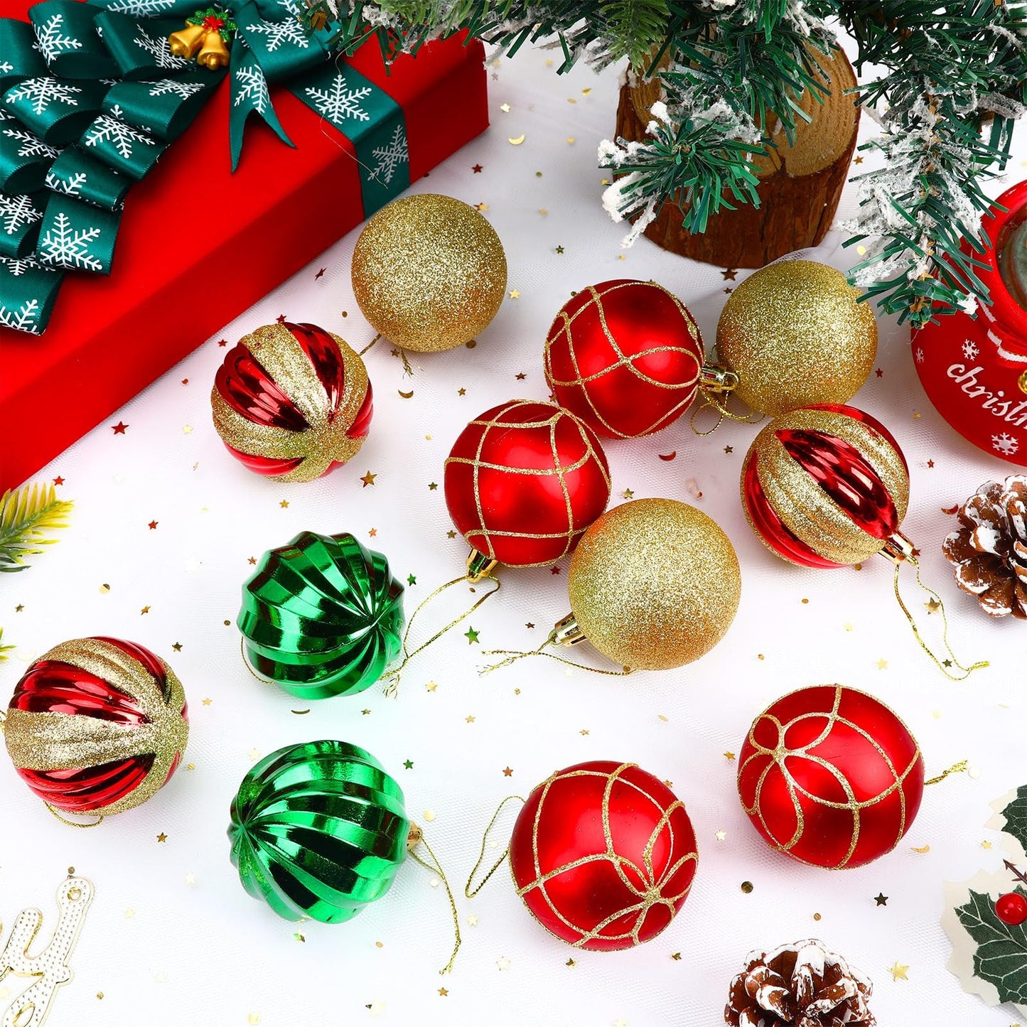 JULMELON 24PCS Christmas Ball Ornaments Hanging Balls Red Green Gold Shatterproof Decorations for Xmas Tree Home Decor for Party Holiday Wedding Anniversary DIY Craft Decor Supplies (2.36 Inches/60MM)