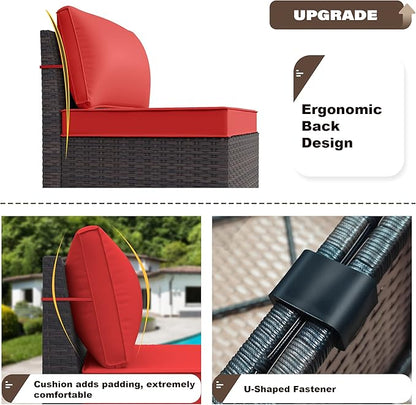 Kurapika 13 Pieces Patio Furniture Set, Rattan Wicker Outdoor Conversation Sets w/43in Propane Fire Pit Table(Red)