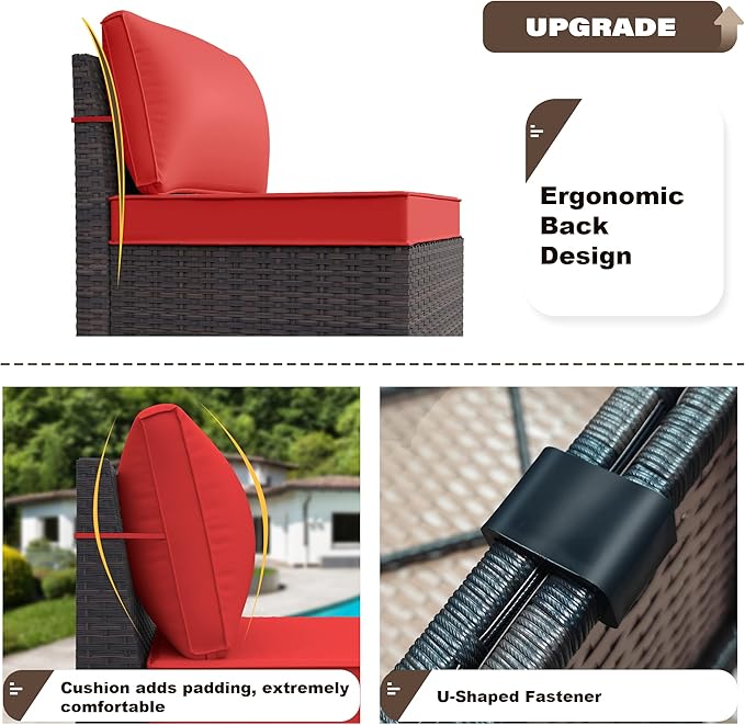Kurapika 9 Pieces Patio Furniture Set, Rattan Sofa Set, Outdoor Conversation Sets w/Swivel Rocking Chairs Patio Sectional Sofa w/4 Inch Cushion, Red