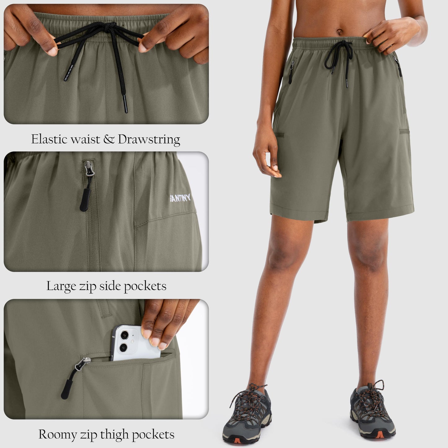 SANTINY Women's 5''/ 7''/9'' Hiking Cargo Shorts Quick Dry Lightweight Summer Shorts for Women Athletic Zipper Pockets(Grey Sage_L)