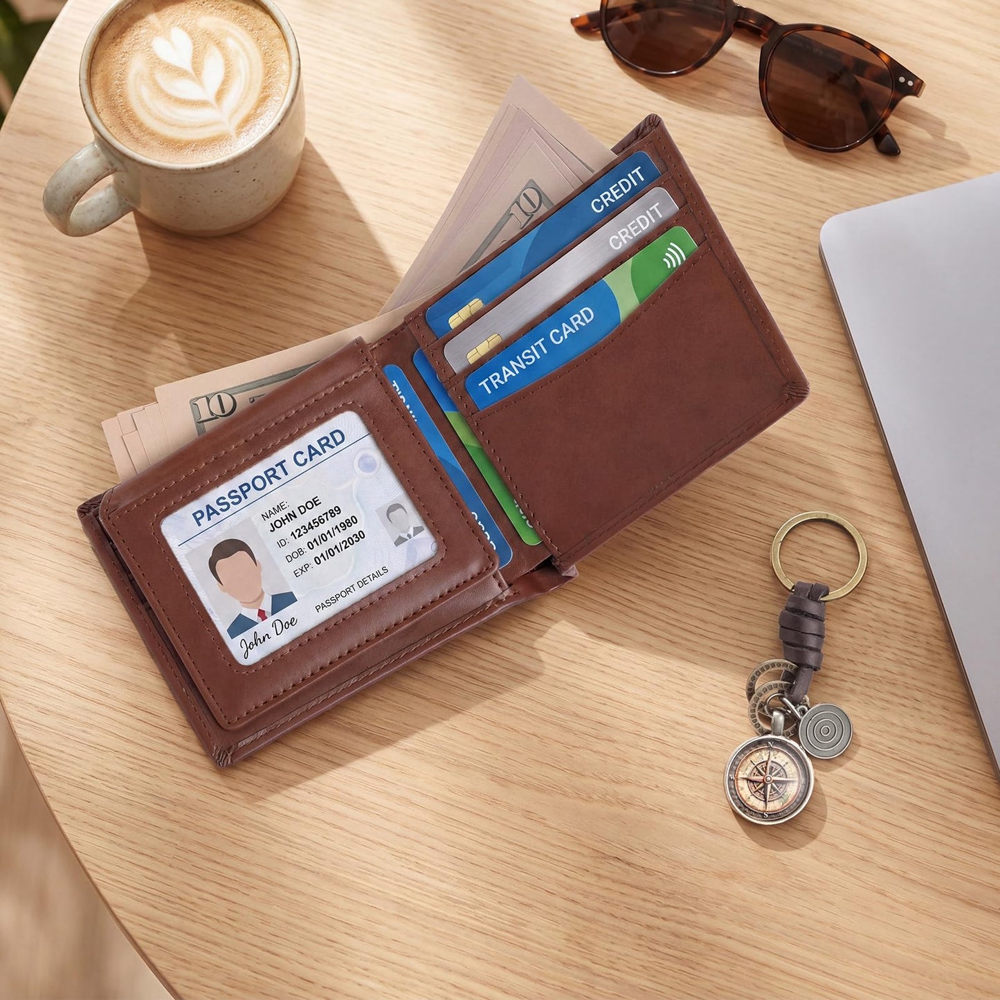 Hsei Bifold Wallet for Men Faux Leather Wallet with Compass Motif Keychain Anime Fan Mens Wallets with 2 ID Windows Gift