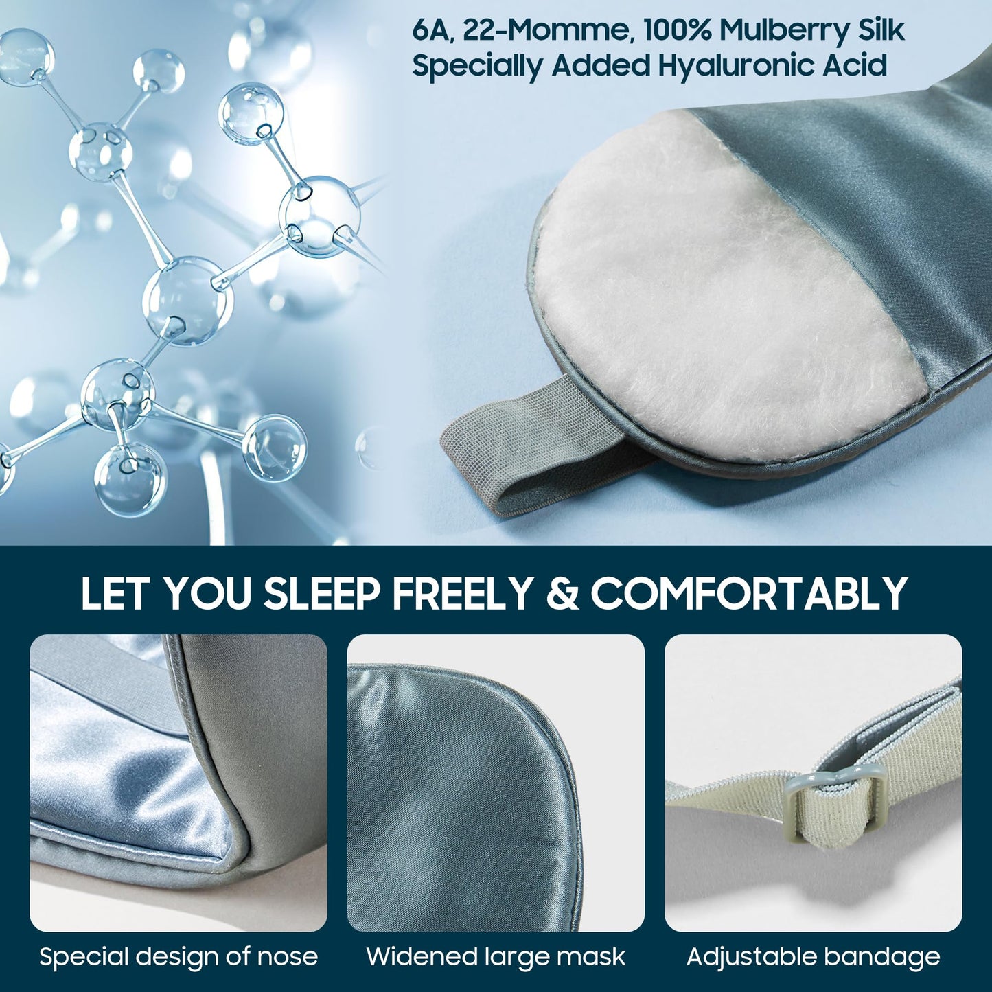 Sleep Mask 100% Mulberry Silk for Light Blocking, ZOESMIEN Eye Mask for Women Men Side Sleeper, Puffiness Dry Eyes Headache, Adjustable Strap, Christmas Gift Package, Misty Blue
