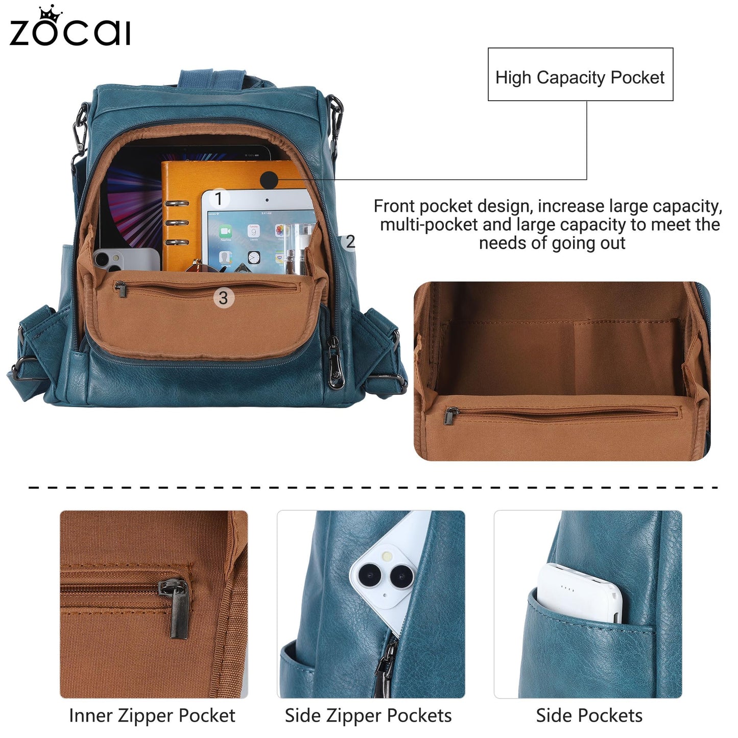 ZOCAI Backpack Purse for Women Medium Anti-Theft Backpacks Purses Design Leather Shoulder Bags with Removable Strap