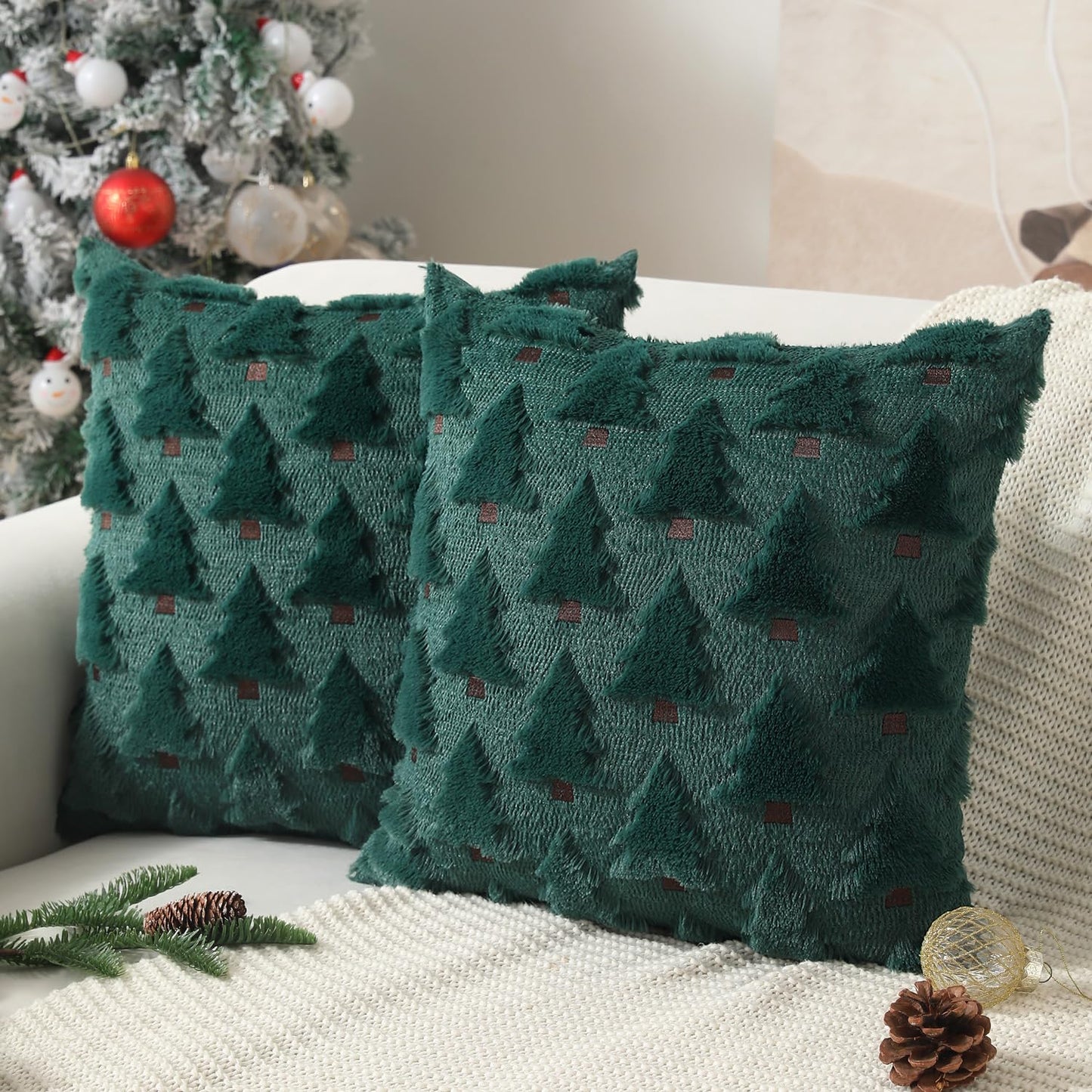 Allorry Christmas Pillow Covers 18x18 inch Set of 2 Christmas Decorations Soft Plush Faux Fur Wool Green Christmas Tree Throw Pillow Cases Winter Holiday Decor for Sofa Living Room PT-002A18