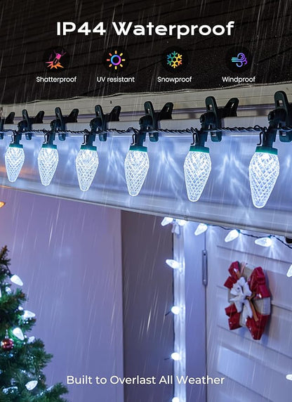 C9 LED Christmas Lights Outdoor, 33 FT 50 LED C9 String Lights, 8 Modes & Timer Connectable Waterproof for Christmas Tree Light Indoor Outdoor Roofline Patio Outside Garden Yard Xmas Decoration, White