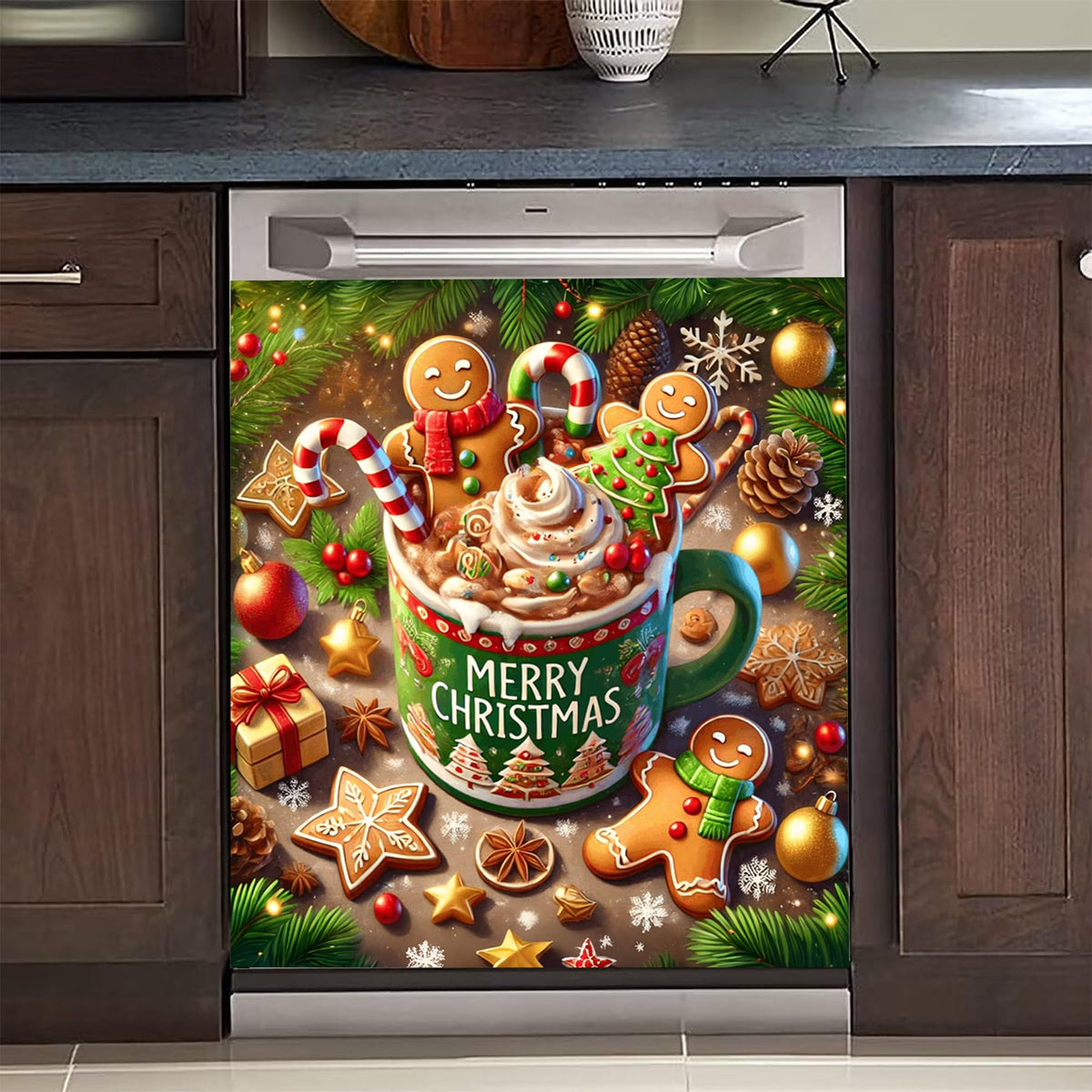 BVBOX Christmas Dishwasher Magnet Cover 23"x26", Reusable Magnetic Refrigerator Covers, Dishwasher Magnets Decorative Cover Fridge Door Skin Panel Stickers (Gingerbread Man Cocoa)