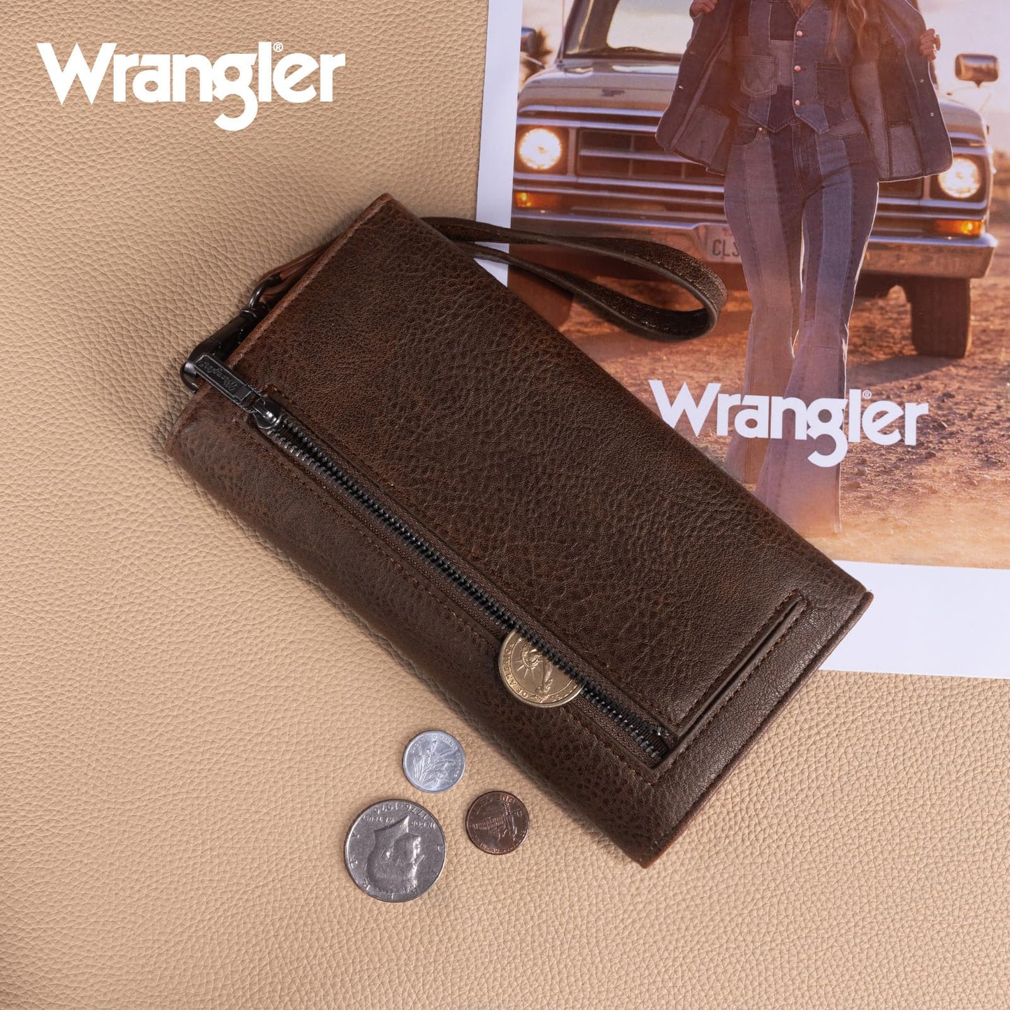 Montana West X Wrangler Women's Wallets Large Wristlet for Woman Ladies Female Trifold Cash Wallet with Wrist Strap and Rfid Lining