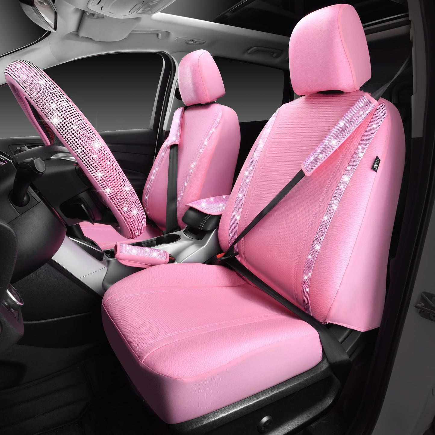 CAR PASS 24 PCS Pink Bling Diamond Accessories Set for Women, Leather Seat Covers, 15'' Steering Wheel Cover, Shining Rhinestone Sparkly Hooks, Coasters, Cute Interior Decorations
