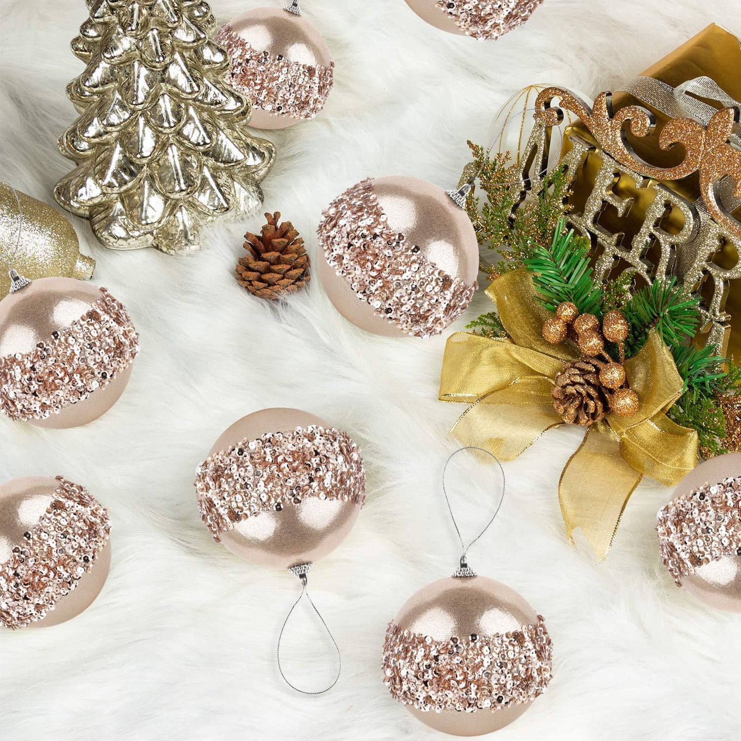 ZHANYIGY 4pc Champagne Gold Christmas Ball Ornaments, 4pc Set Red Shatterproof Christmas Decorations Tree Balls for Xmas Trees Wedding Party Holiday Decorations
