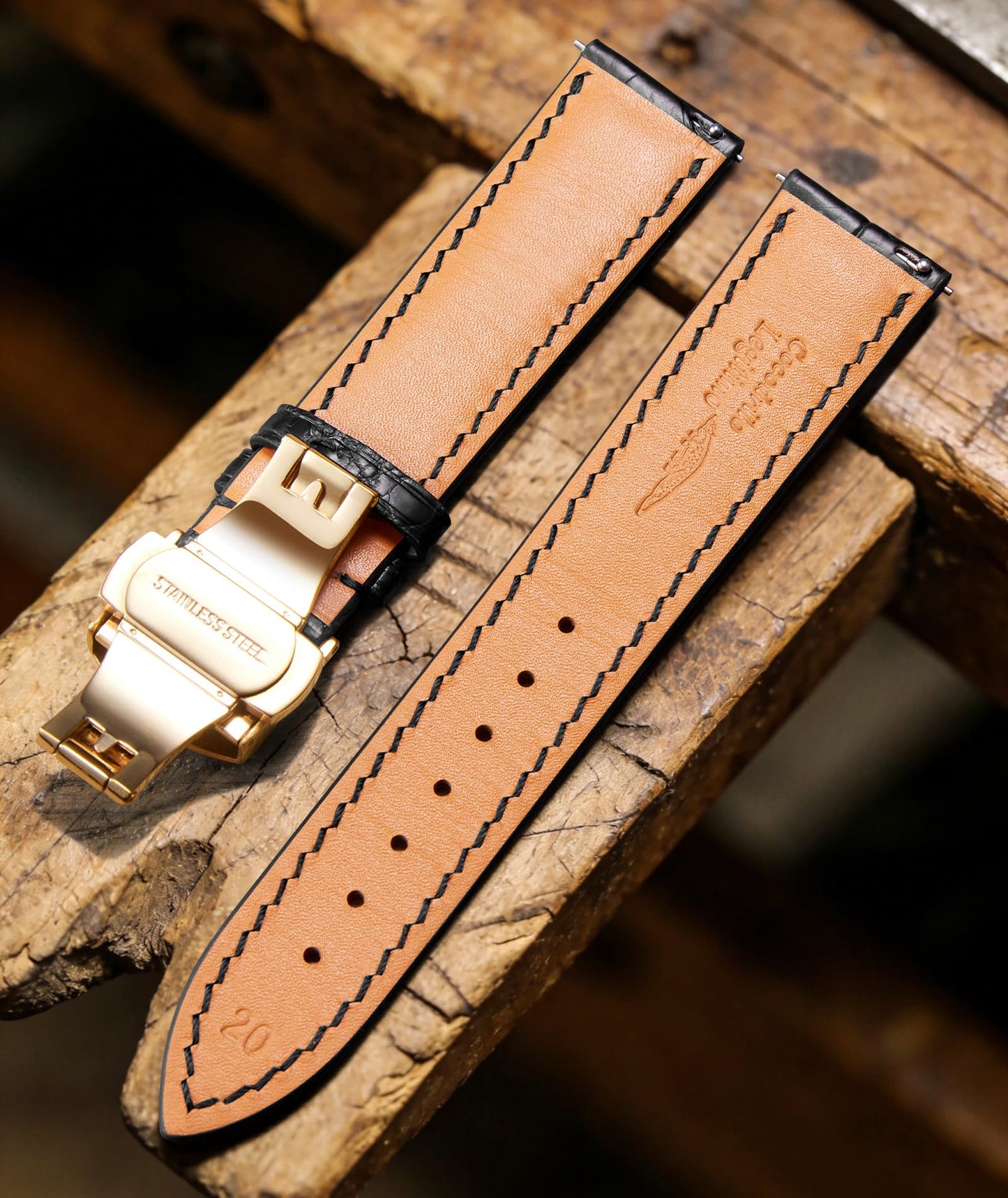 BINLUN Alligator Leather Watch Band for Men Crocodile Grain Leather Watch Straps Quick Release Replacment Genuine Classic Women Leather Watch bands 24mm Black with Gold Buckle