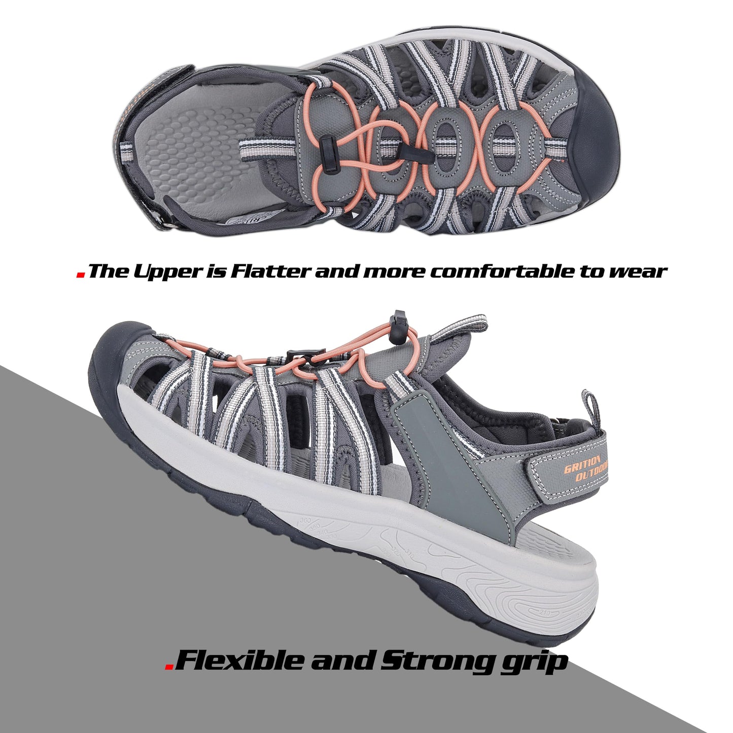 GRITION Womens Hiking Sandals, Ladies Closed Toe Walking Athletic Outdoor Sandles Comfort Adjustable Sport Beach Water Shoes Summer Grey (8 US / 39 EU)