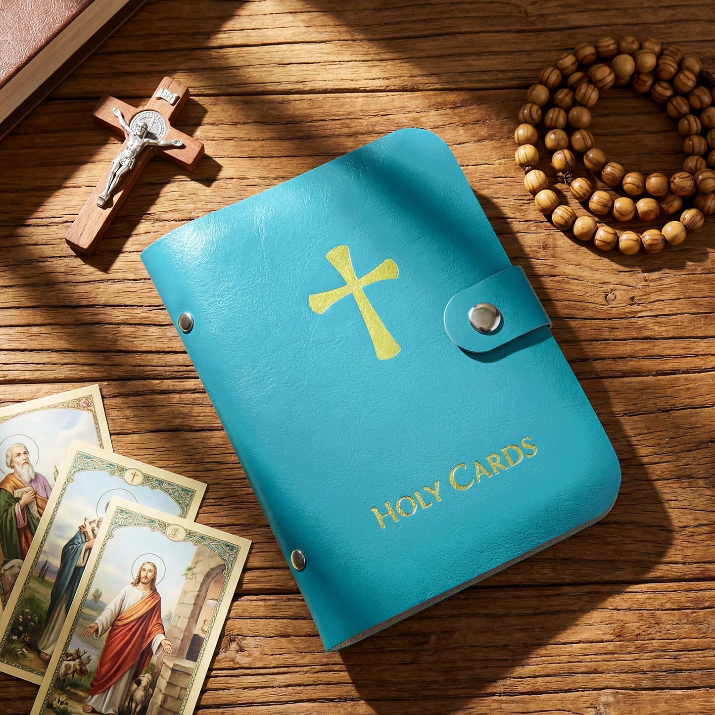 Lerheedi Holy Card Holder Case Faux Leather, up to 40 Prayer Cards with Snap Closure, Portable for Travel, Ideal Religious Gift for Adults, Unisex (Blue)
