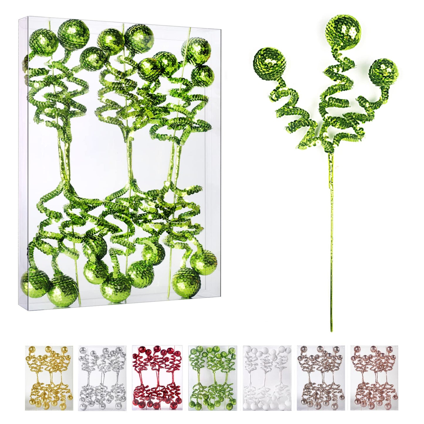 ZHANYIGY 6PC Set Green Christmas Tree Decoration Sequins Ball Curly Pick, Christmas Tree Decorations Christmas Tree Topper Star Home Office Perfect Party Decorations Gifts