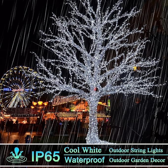 OZS 6 Pack 480LED Solar String Lights Outdoor, Waterproof 8 Modes Solar Tree Light, Green Wire Christmas Lights Outdoor for Garden, Party, Wedding, Christmas Decorations (Cool White)