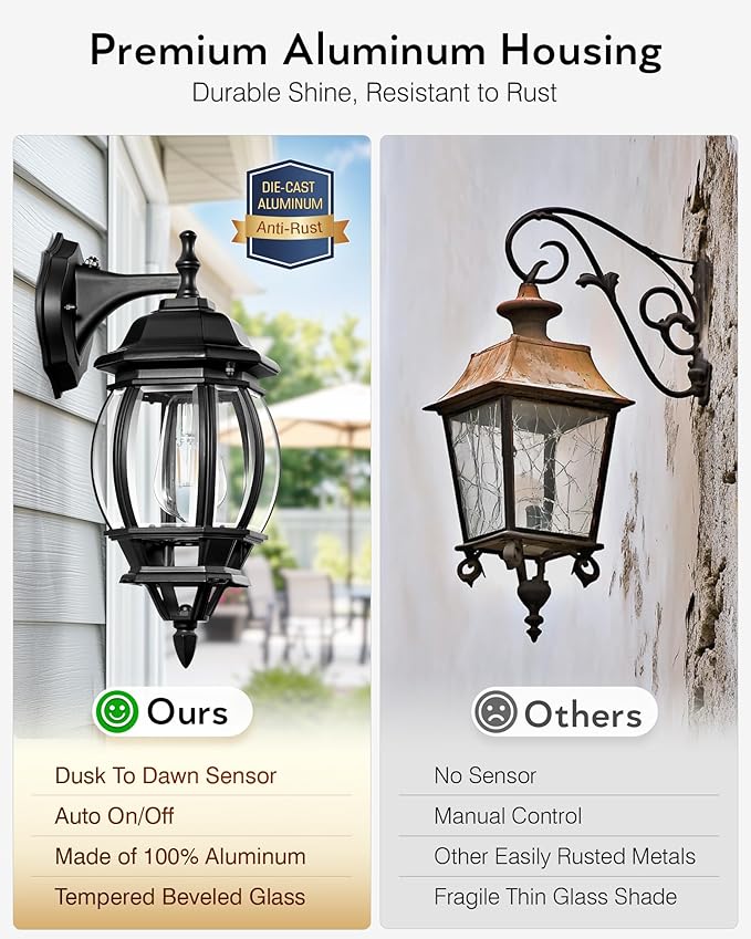 VIANIS Outdoor Porch Light Dusk to Dawn, Black Exterior Lighting Fixtures Wall Mount for House, Modern Outdoor Wall Sconce Lantern for Front Door, Patio, Anti-Rust Waterproof Coach Lights for Garage