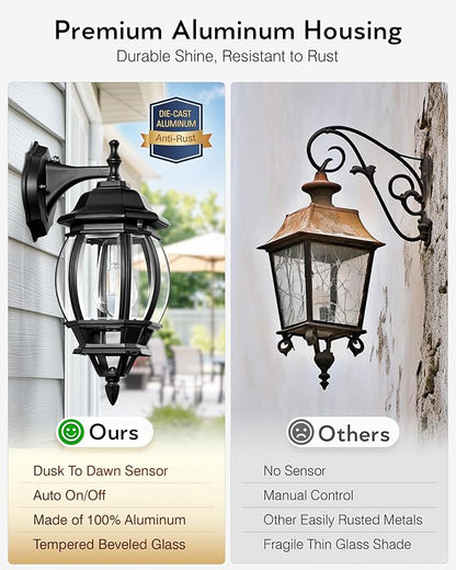 VIANIS Outdoor Porch Light Dusk to Dawn, Black Exterior Lighting Fixtures Wall Mount for House, Modern Outdoor Wall Sconce Lantern for Front Door, Patio, Anti-Rust Waterproof Coach Lights for Garage