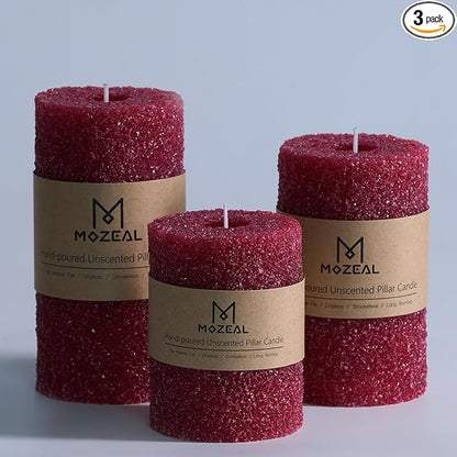 MOZEAL Hand-Poured Granular Texture Decorative Dark Red Pillar Candles Set of 3 (3"x4", 5", 6"), Approx 300 Hours Burn Time Dripless, Long Lasting,Unscented, Smokeless, for Christmas Decor