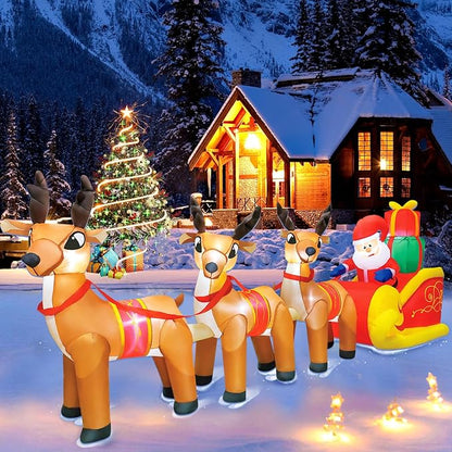 DomKom 12 FT Christmas Inflatable Outdoor Santa Claus on Sleigh with Three Reindeer, Building LED Lights, Blow Up Yard Decoration for Party Garden Lawn Winter Decor