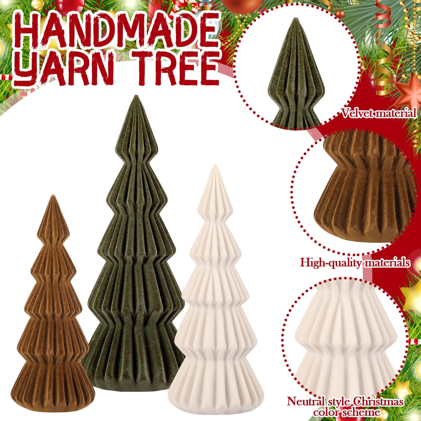 Relaxgiant Set of 3 Velvet Ceramic Christmas Trees Decoration Large Modern Velvet Cone Christmas Tree Figurine Decor Holiday Xmas Winter Indoor Home Tabletop Mantel Centerpiece(Green, Beige, Brown)