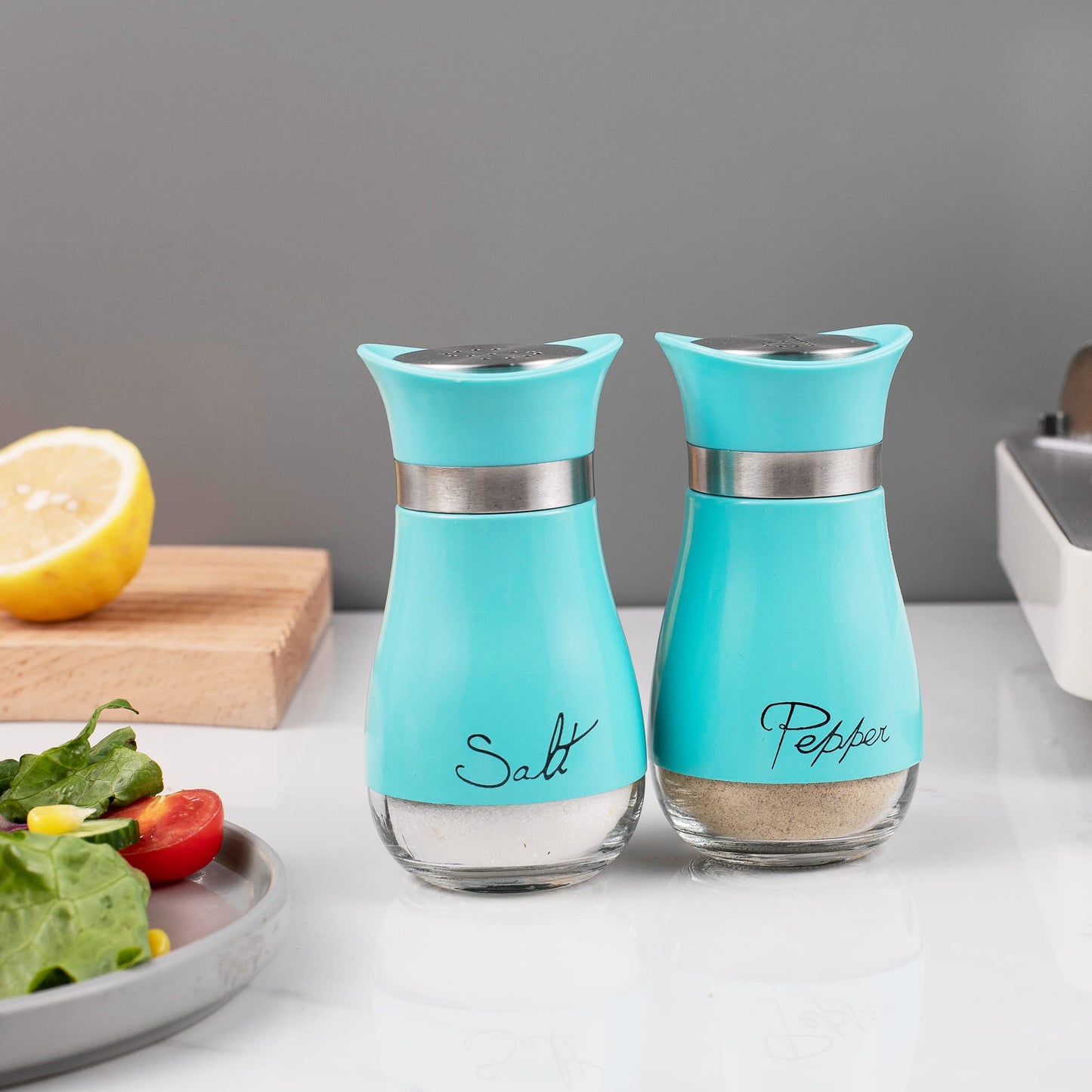 Lonffery Salt and Pepper Shakers, Stainless Steel and Glass Bottle, Set of 2, Turquoise