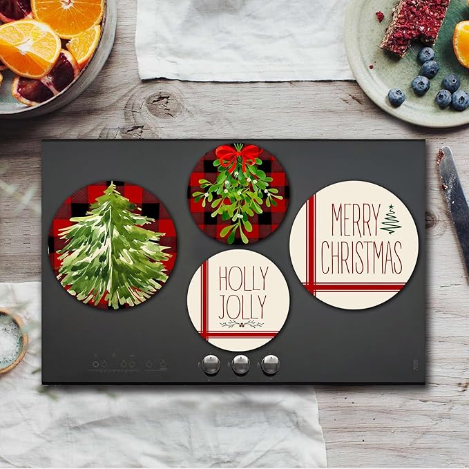 Christmas Decor Electric Stove Burner Covers，4 Pcs Xmas Decor Round Stove Burner Covers，8 Inches and 10 Inches，Gas Stove Burner Cover,Metal Cooktop Christmas Tree Decorative，Home Decor,Kitchen Decor
