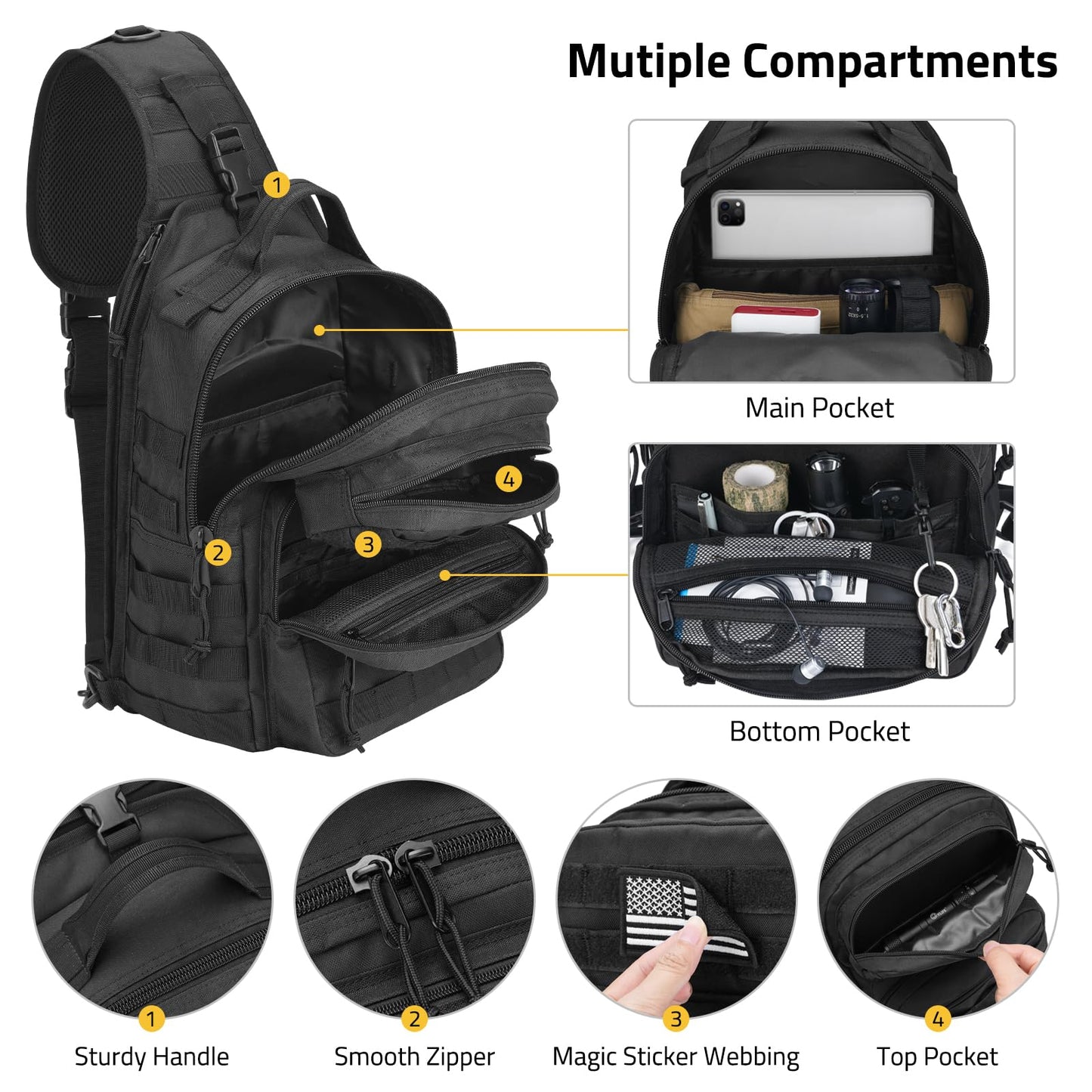 CVLIFE Tactical Sling Bag Backpack for Men Military Shoulder Sling Bag Molle Detachable Tactical Bag with Bottle Holder Hidden Pocket Daily Day Pack Work Bag for EDC Hiking, Black