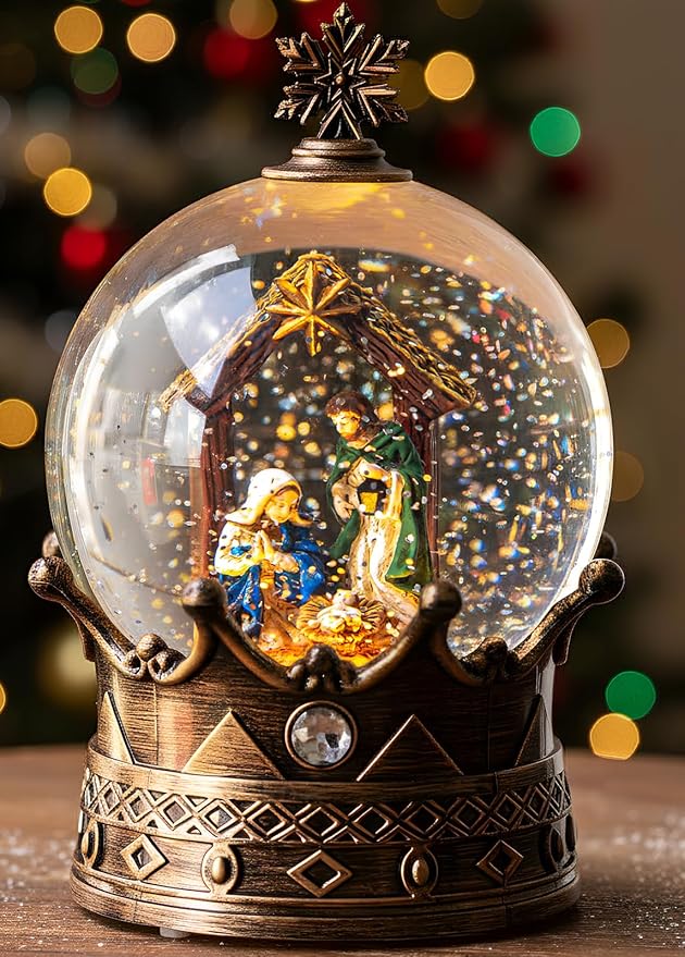 Christmas Snow Globe Lantern Water Glittering Nativity Crown with Music, USB Lined/Battery Operated Lighted Lantern for Christmas Festival Decoration Gifts