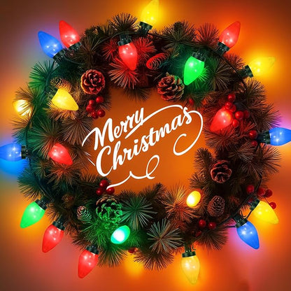 C7 35 LED Battery Operated Christmas Lights,Battery Powered Multicolor Waterproofing Bulbs,13FT 8 Modes with Auto On/Off Time for Xmas Tree Garden Patio Indoor Outdoor Christmas Decorations
