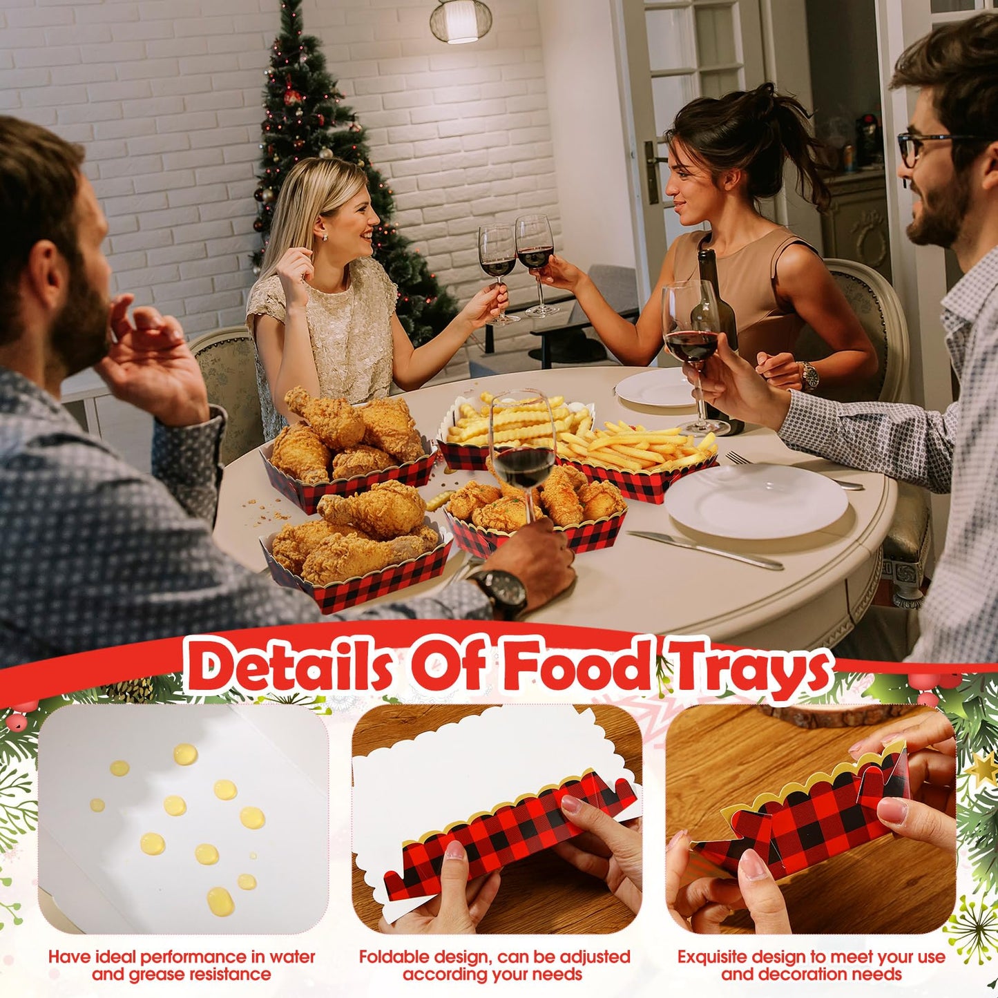 Dunzoom 50 Pack Christmas Buffalo Plaid Paper Plates Food Trays Red and Black Checkered Polka Dot Plates Disposable Food Boats for Snacks Nachos Hot Dog Carnival Bridal Baby Shower Party Decor