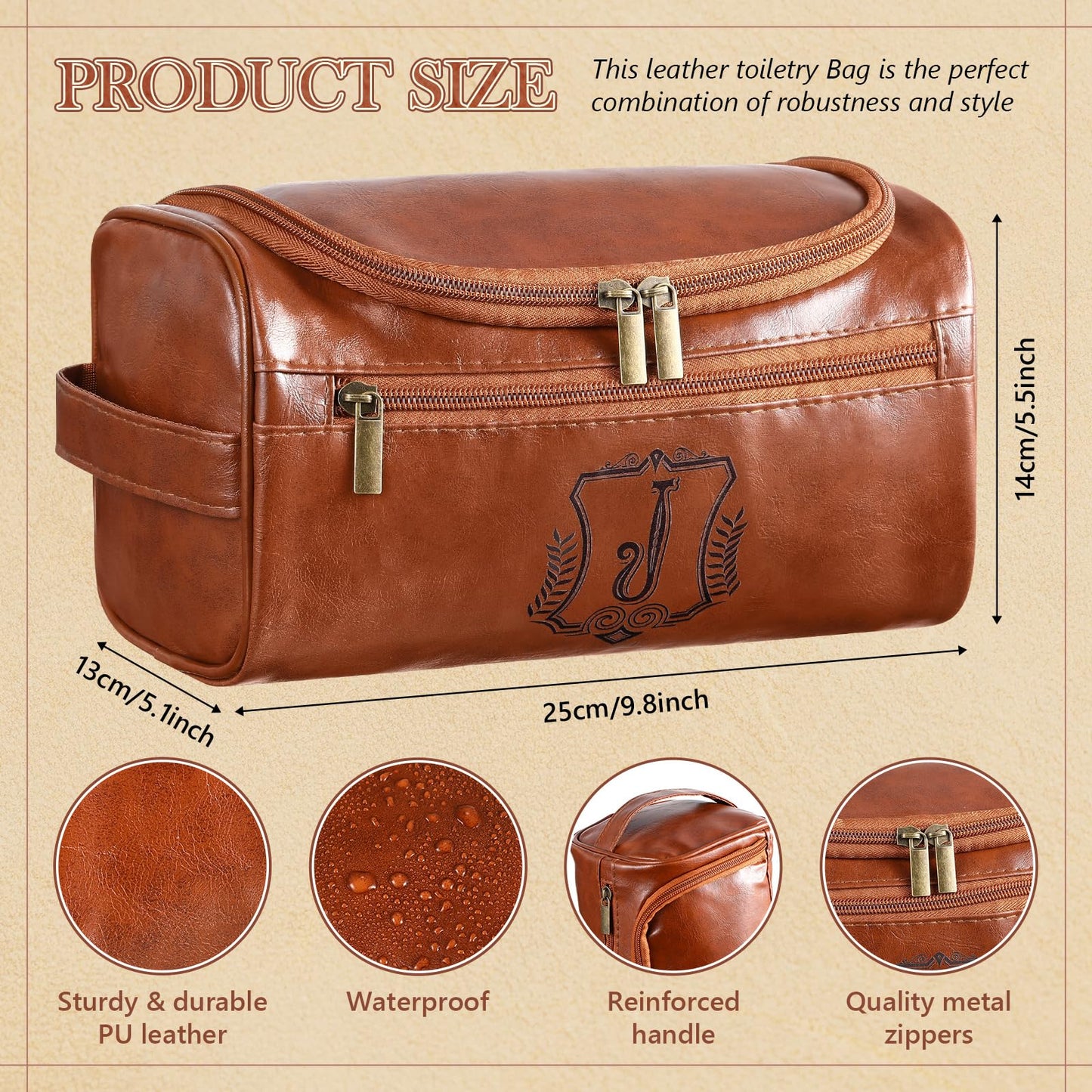 Sadnyy Father's Day Personalized Leather Toiletry Bag for Men Initial Travel Bag with Hook Monogrammed Toiletry Pouch Leather Travel Bathroom Kit with Side Handle for Anniversary Birthday Gifts(J)