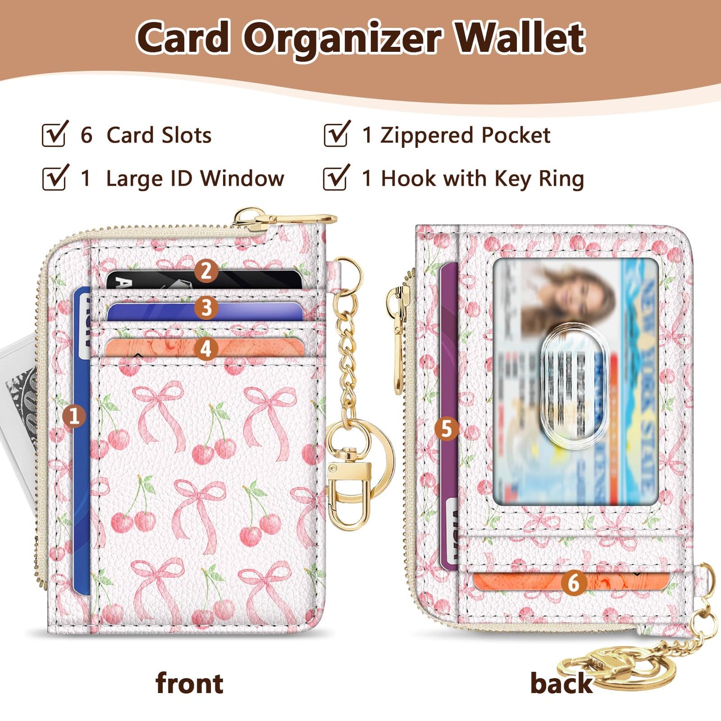 GIANCOMICS Slim Wallet Credit Card Holder Women, Cute Bow Rfid Small Card Case, Keychain Thin Pocket Curved Zipper Wallet, Travel Card Holder PU Leather ID Window, Girly Ladies Female Gifts