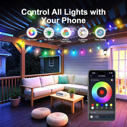 Outdoor String Lights 27ft, Patio Lights with 10 Dimmable LED Bulbs, RGBW & Warm White, IP66 Waterproof, Shatterproof, APP & Remote Control, Color Change, Customizable Colors for Backyard Décor