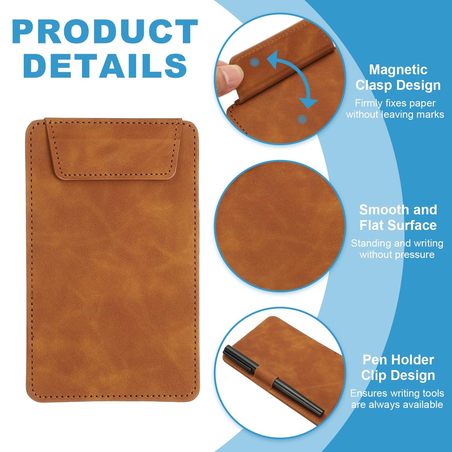 uxcell 2 Pack Mini Clipboard, 6" x 4" Leather Small Clipboard with Pen Holder, A7 Size Magnetic Writing Clip Boards for Business, Office,Restaurant and Hotel (Brown)