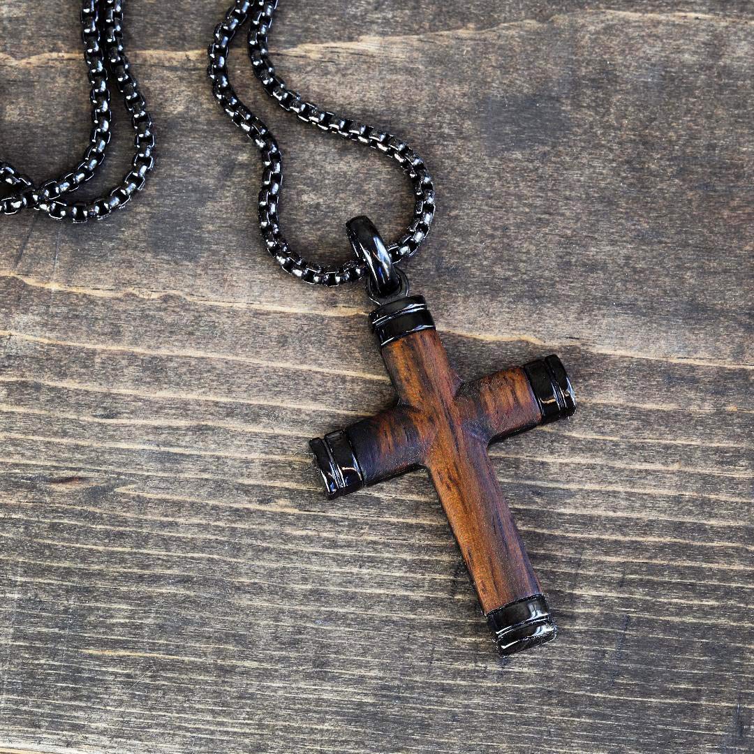 Metal Masters Co. Wood Cross Pendant Necklace Black Stainless Steel 24" Round Box Chain