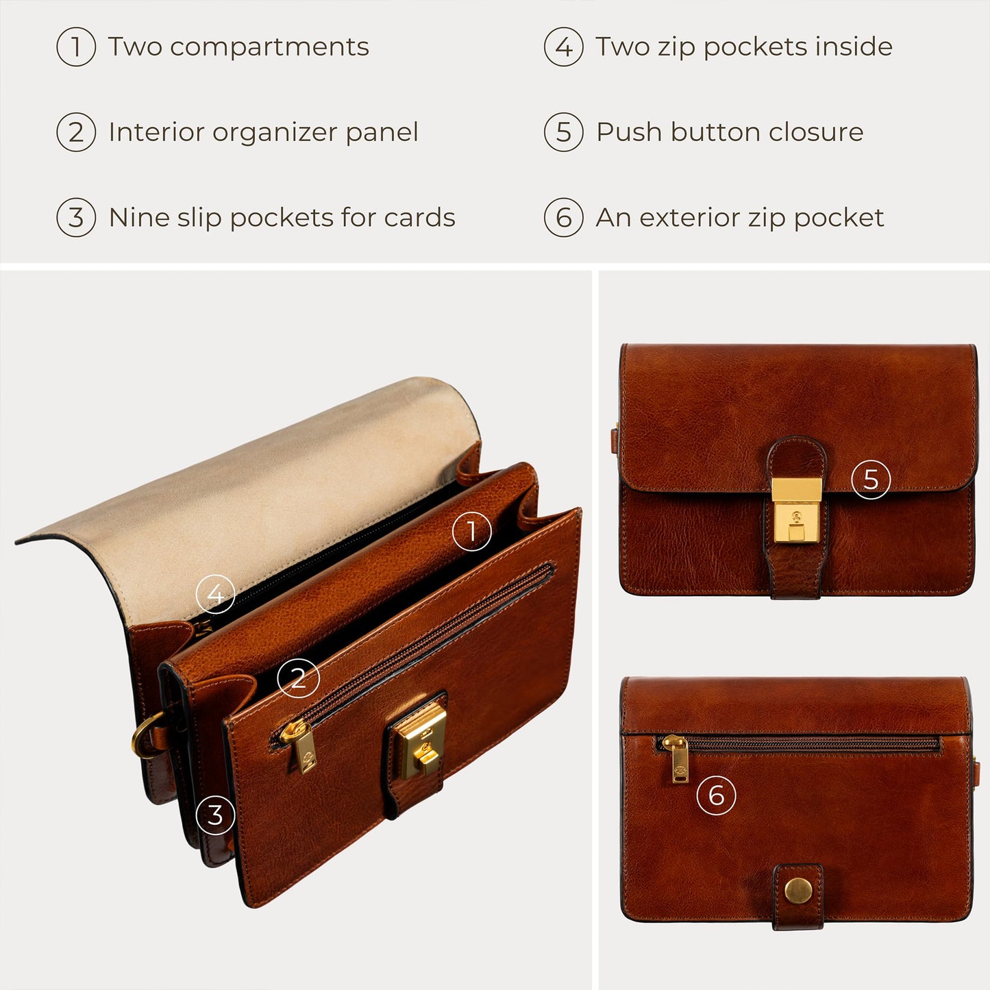 Time Resistance Leather Clutch - Organizer Bag for Men - Wrist Bag - Briefcase Handmade in Italy (Cognac Brown) - Handbag for Men - Gift Box Included