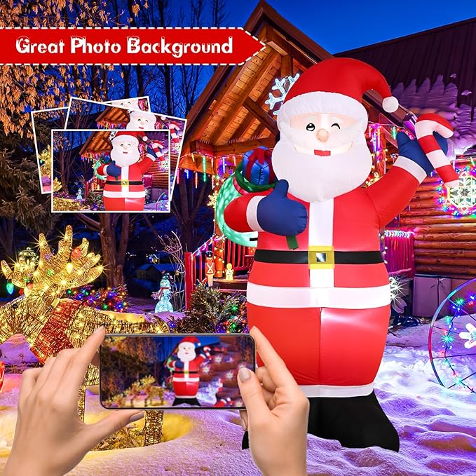 FRAMICS 8 FT Christmas Inflatable Santa Claus with Gift - Outdoor Decoration with LED Lights for Holiday Garden Lawn Party