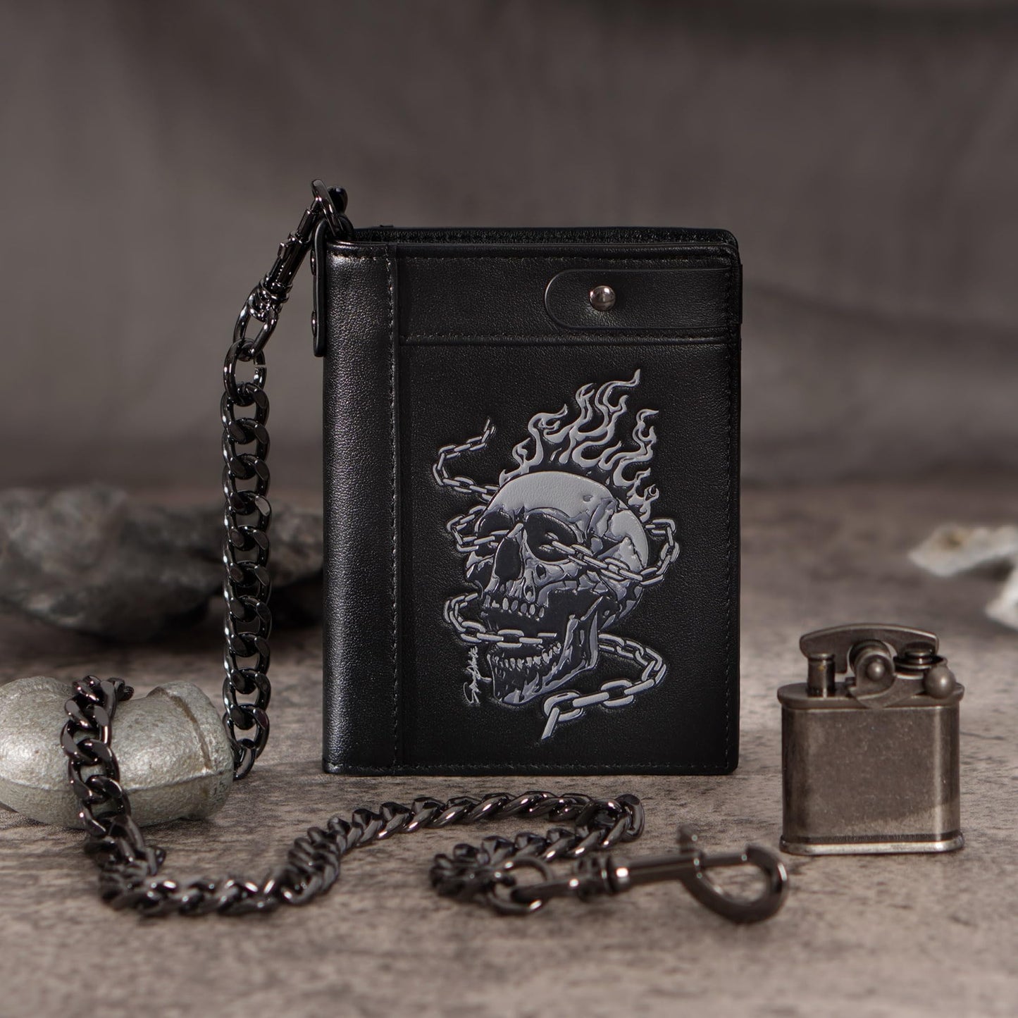 skneephate Mens Leather Wallet With Chain Skull Bifold Wallets Zipper Coin Pocket Rfid Blocking Gift For Him Husband (black)