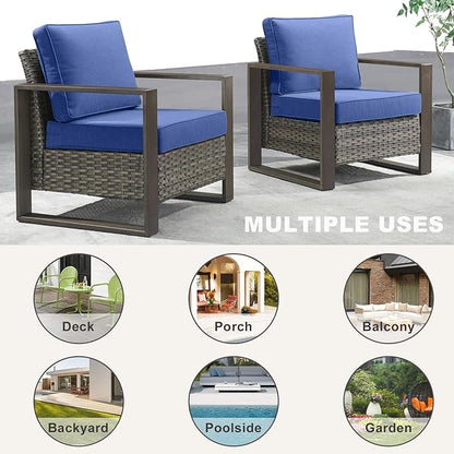 3 Piece Wicker Patio Furniture Set,Patio Bistro Set with 2 Rattan Armrest Chairs and 1 Side Table,Sturdy Frame,All-Weather PE Wicker,Wide Armrest,Deep Seating and Thick Cushions(Mixed Grey/Blue)