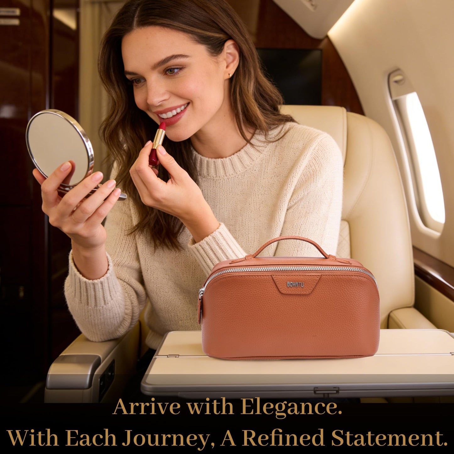 BOYATU Genuine Leather Travel Makeup Bag: Large Capacity 3 Pcs Set Cosmetic Bags for Women - Designer Waterproof Hand-made for Toiletry Organizer - Ladies Travel Essentials for Elegance (01Brown)