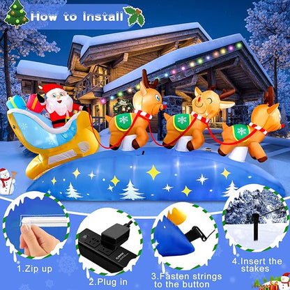 9.5FT Christmas Inflatables Outdoor Decorations Santa Claus on Sleigh with 3 Reindeer Christmas Blow ups Built in LED Lights Inflatable Christmas Decorations for Holiday Garden Lawn
