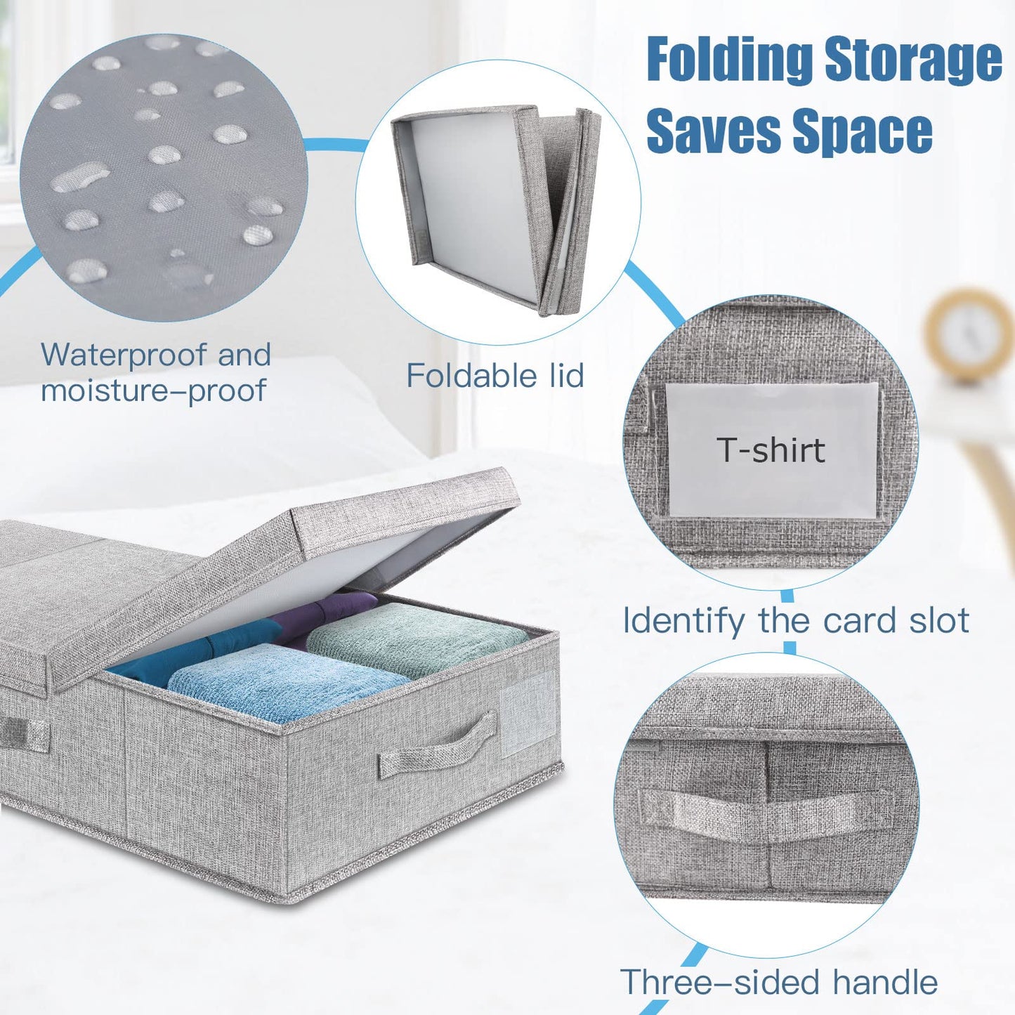 Supowin Underbed Storage Containers Bin with Lids, Large Under Bed Storage Organizer Box with Handle, Foldable Under the Storage Bags for Organizing Clothes, Shoes, Blankets, Pillows